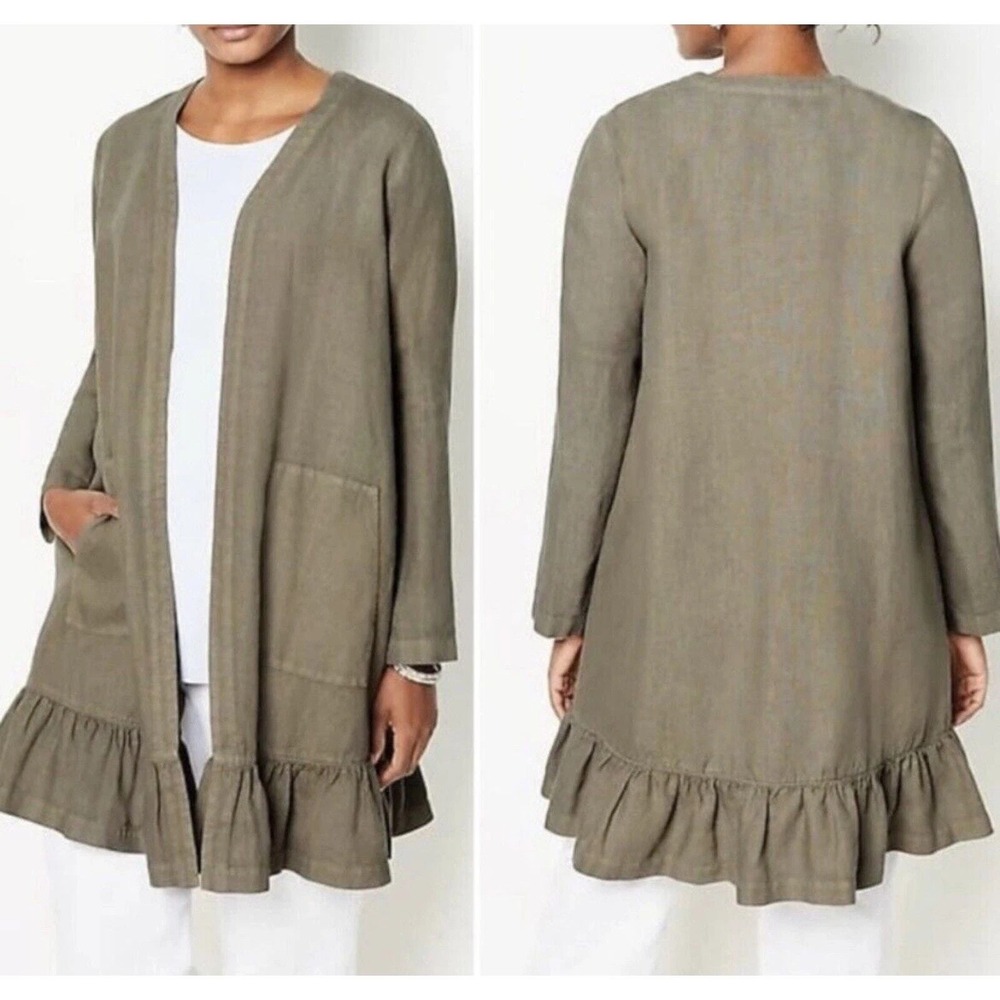 Pure Jill Linen Cardigan Women‎ Medium Olive Green Ruffle Hem Open Front Jacket